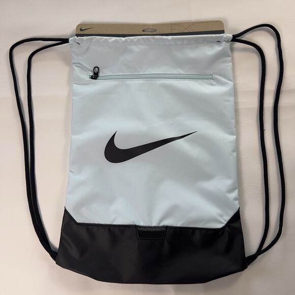 Nike Brasilia Drawstring Backpack Bag Training Gym Sports Walk Aqua Blue Black - Picture 1 of 7